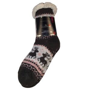 Therma X Sherpa faux fur lined gripper socks slipper sock fair isle reindeer NWT